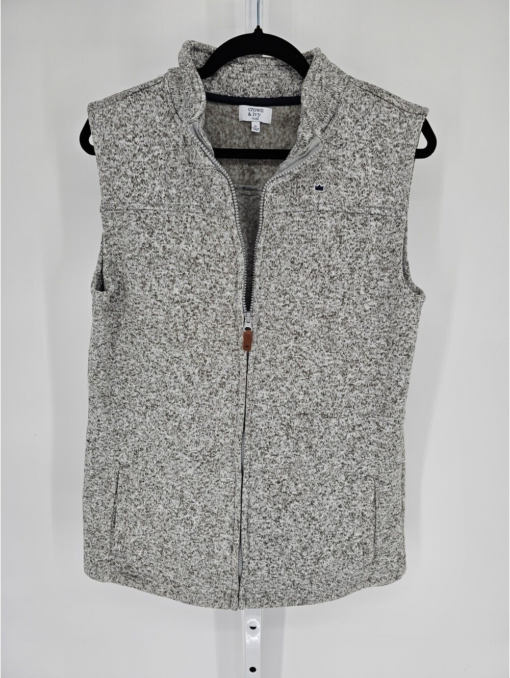 Crown & Ivy Kids Gray Heathered Collared Full-Zip Long Knitted Vest Size XL